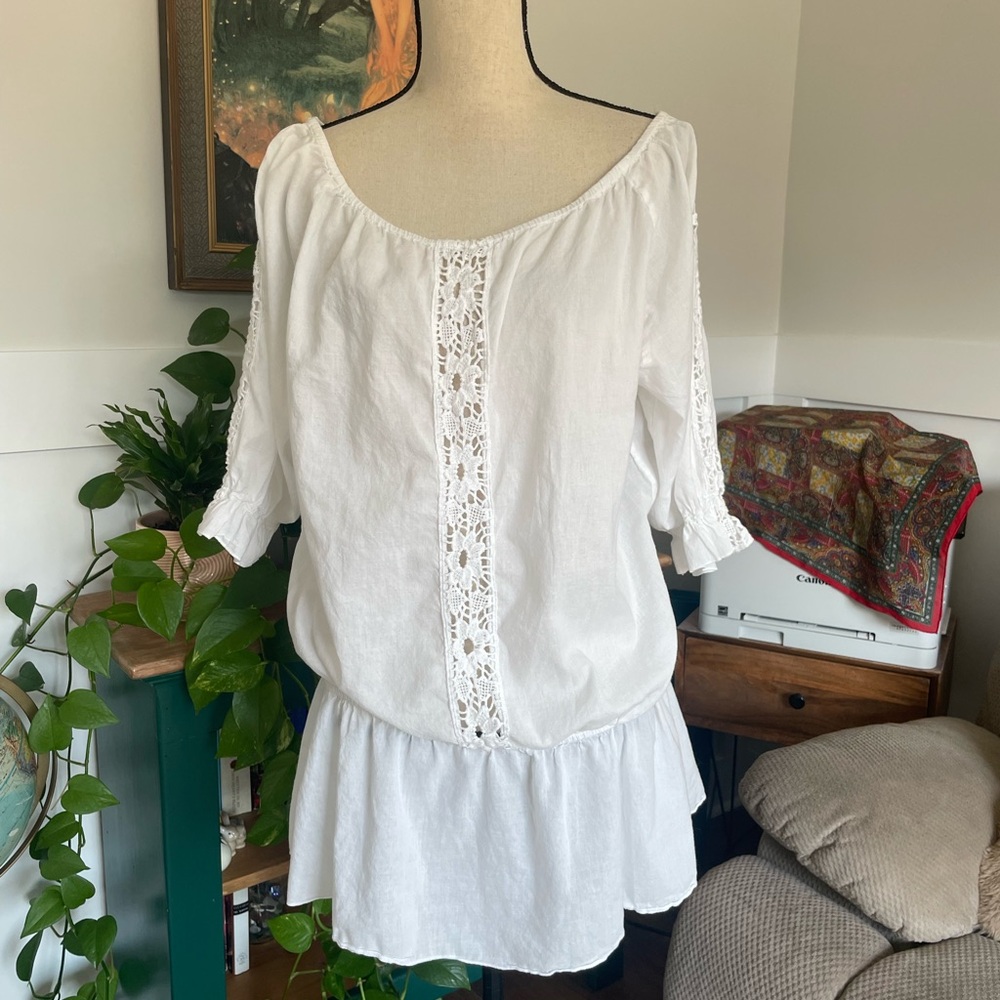 Victoria’s Secret White Crochet Trim Peasant Top Cotton Large
